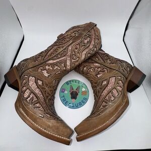J.B. Dillon Dahlia‎ Women's 8.5 Tan Rose Gold Sequin Inlay Snip Toe Western Boot